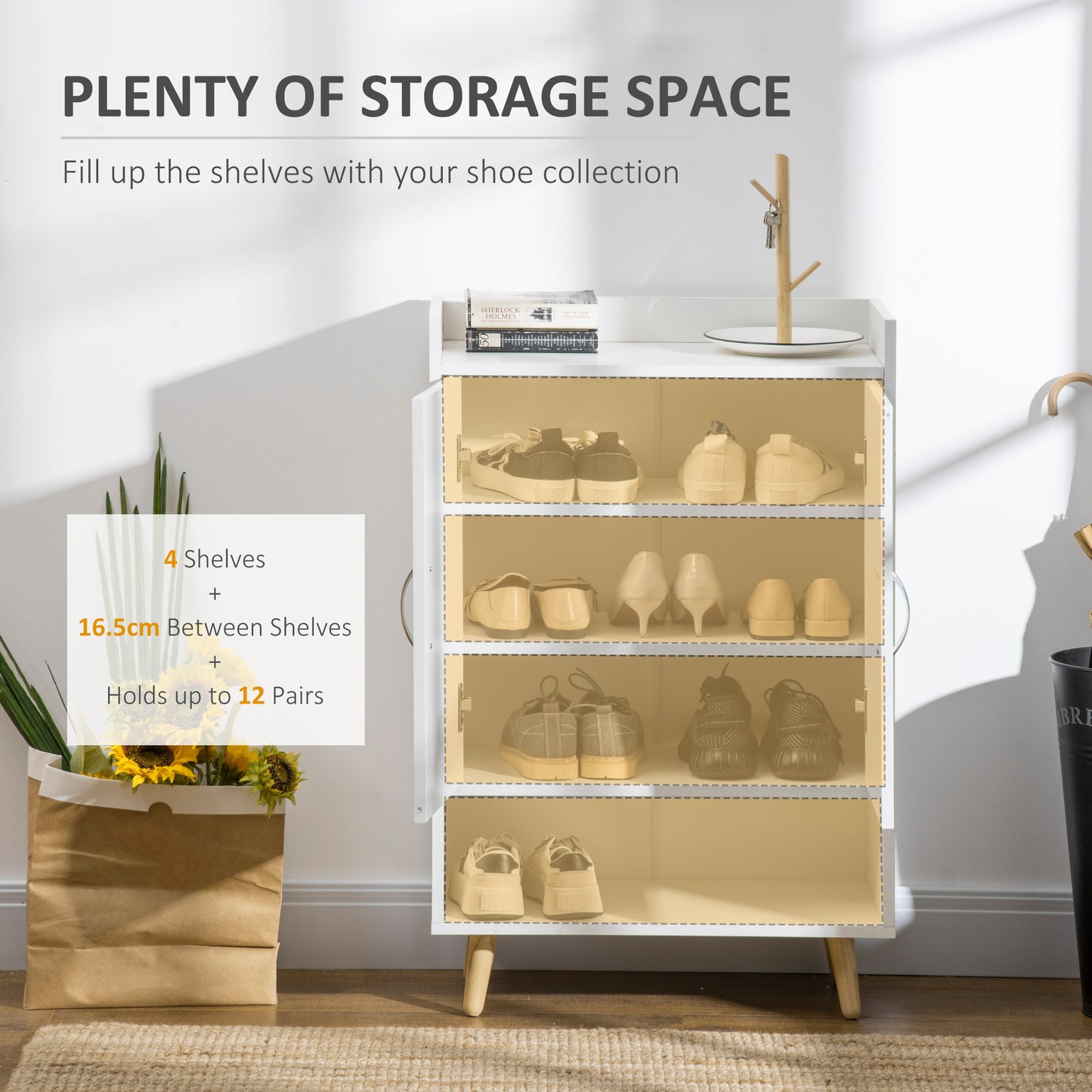 HOMCOM Modern Shoe Cabinet Storage Organizer with Doors and Shelves for Hallway & Entryway, 60L x 30W x 92Hcm, White