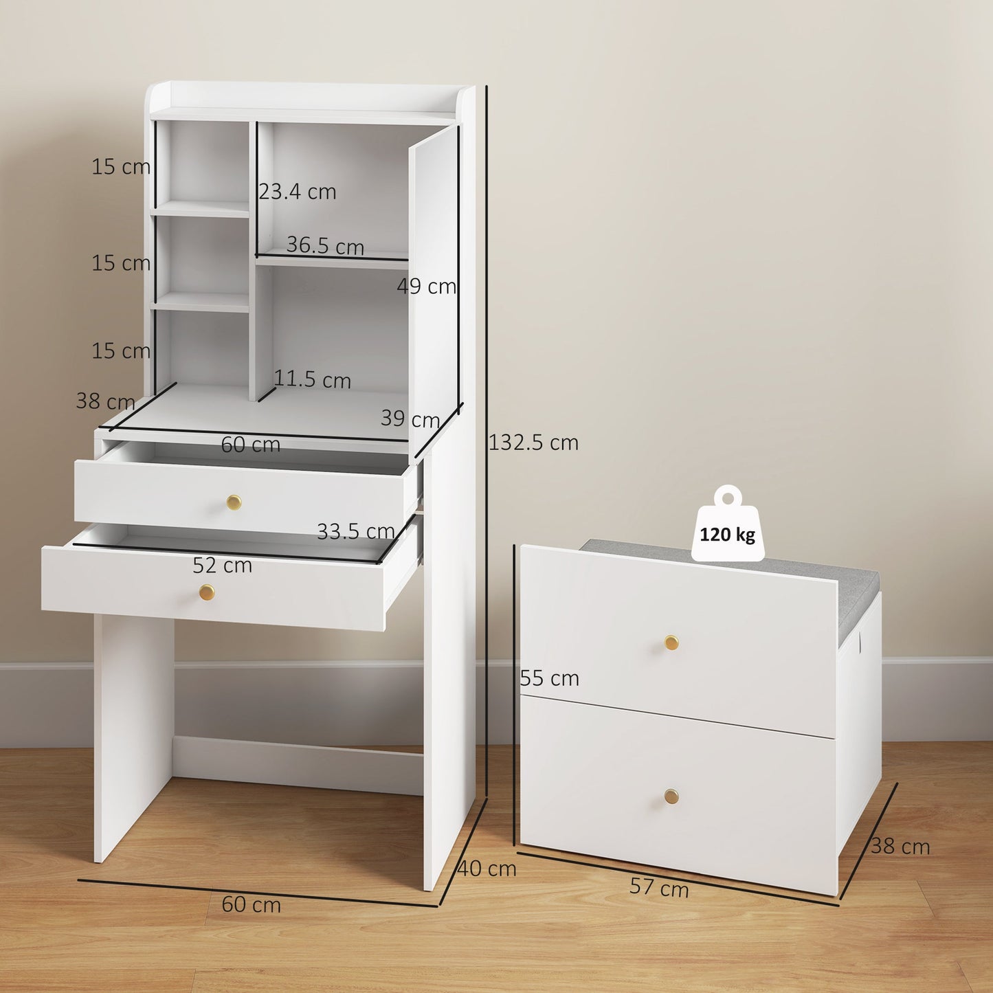 HOMCOM Dressing Table with Mirror and Mobile Storage Stool, Compact Vanity Table with Cabinet, Drawers, Open Shelves, White