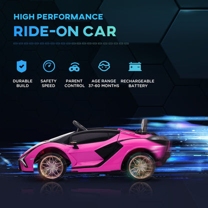 HOMCOM Lamborghini Sian مرخصة 12 فولت للأطفال سيارة كهربائية ركوب بمحركين لعبة سيارة مع جهاز تحكم عن بعد أضواء موسيقى MP3 لعمر 3-5 سنوات وردي