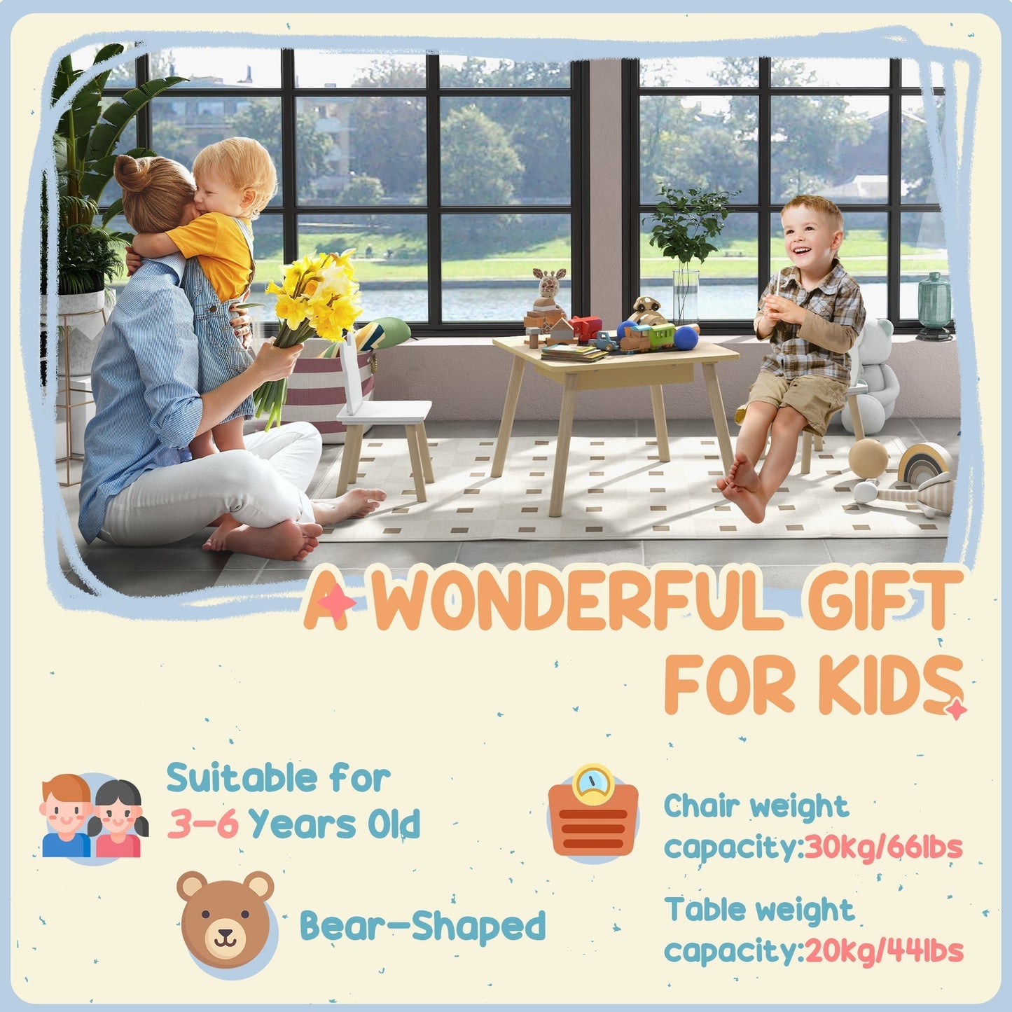 AIYAPLAY 3-Piece Kids Table and Chairs Set with Convertible Desk and Storage Grid, Kids Activity Table for Nursery, Playroom
