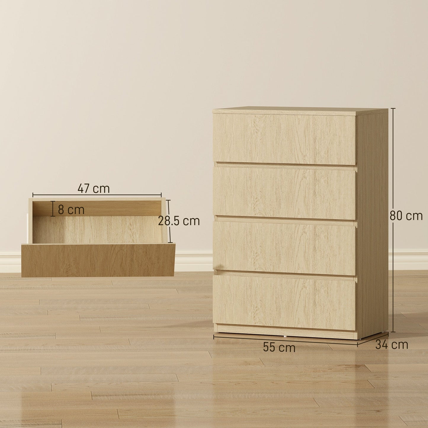 HOMCOM Chest of Drawers, 4-Drawer Storage Cabinets, Modern Dresser, Storage Drawer Unit for Bedroom