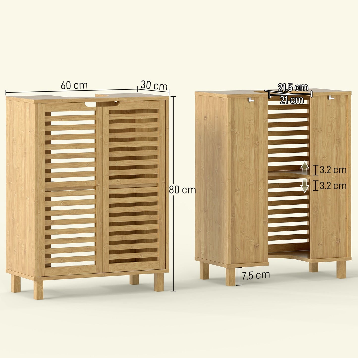 HOMCOM Under Sink Bathroom Cabinet, Freestanding Bamboo Under Sink Cabinet with Louvered Doors and Adjustable Shelf, Natural