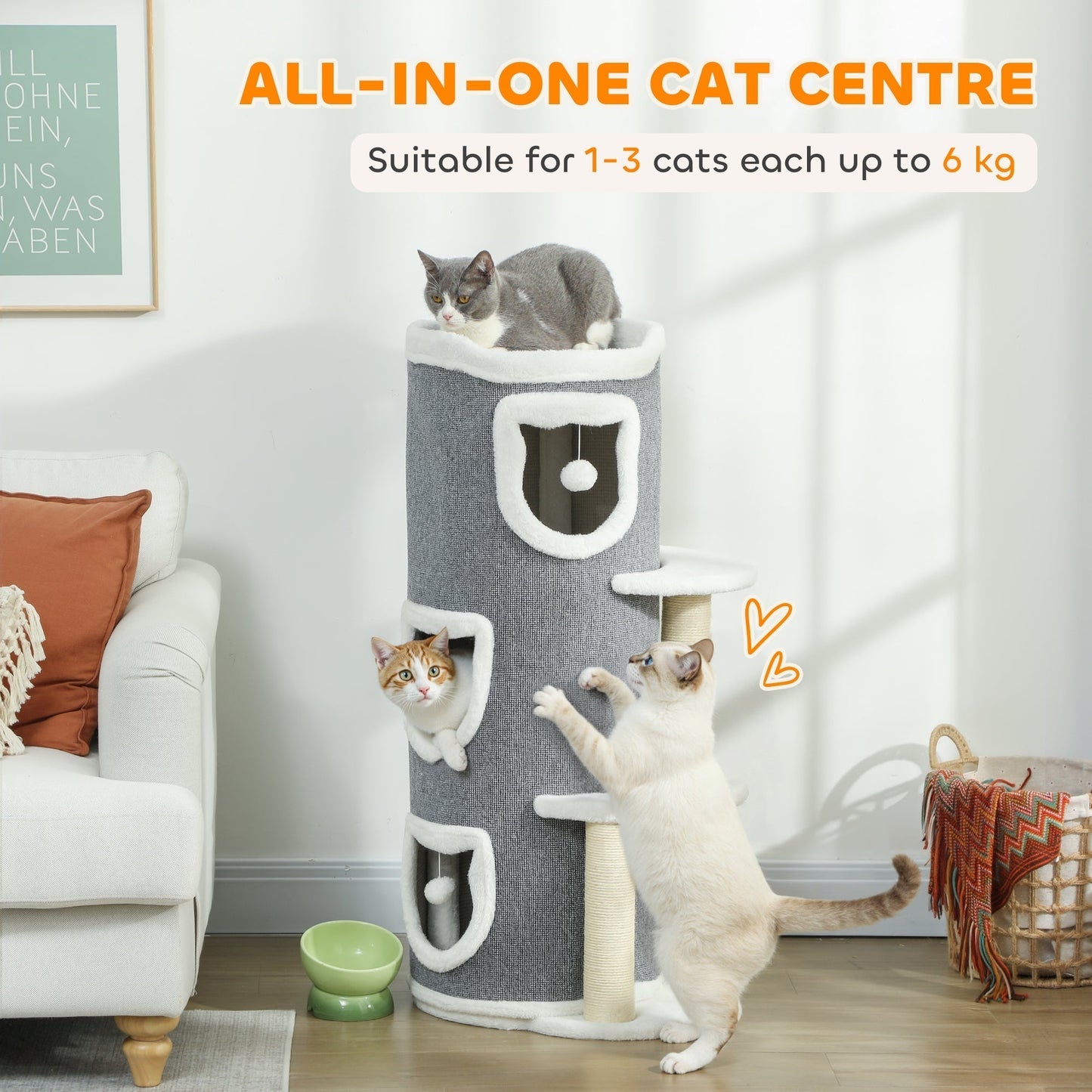 PawHut 101 cm Cat Tree with Sisal Scratching Posts, 3 Barrel Condos, 3 Platforms, for Indoor Cats to Rest and Play