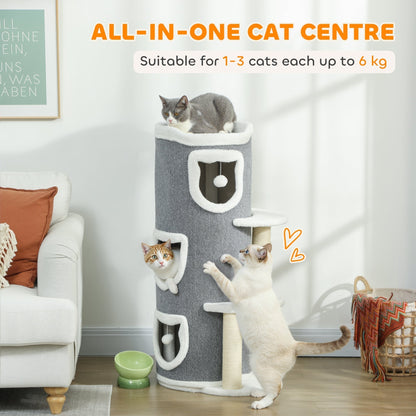PawHut 101 cm Cat Tree with Sisal Scratching Posts, 3 Barrel Condos, 3 Platforms, for Indoor Cats to Rest and Play