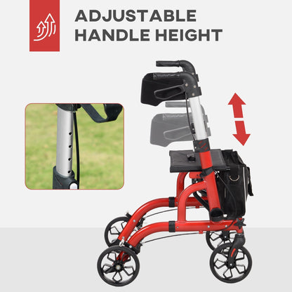 HOMCOM Lightweight Walking Frame, Folding Rollator Walker with Seat and Backrest, Red