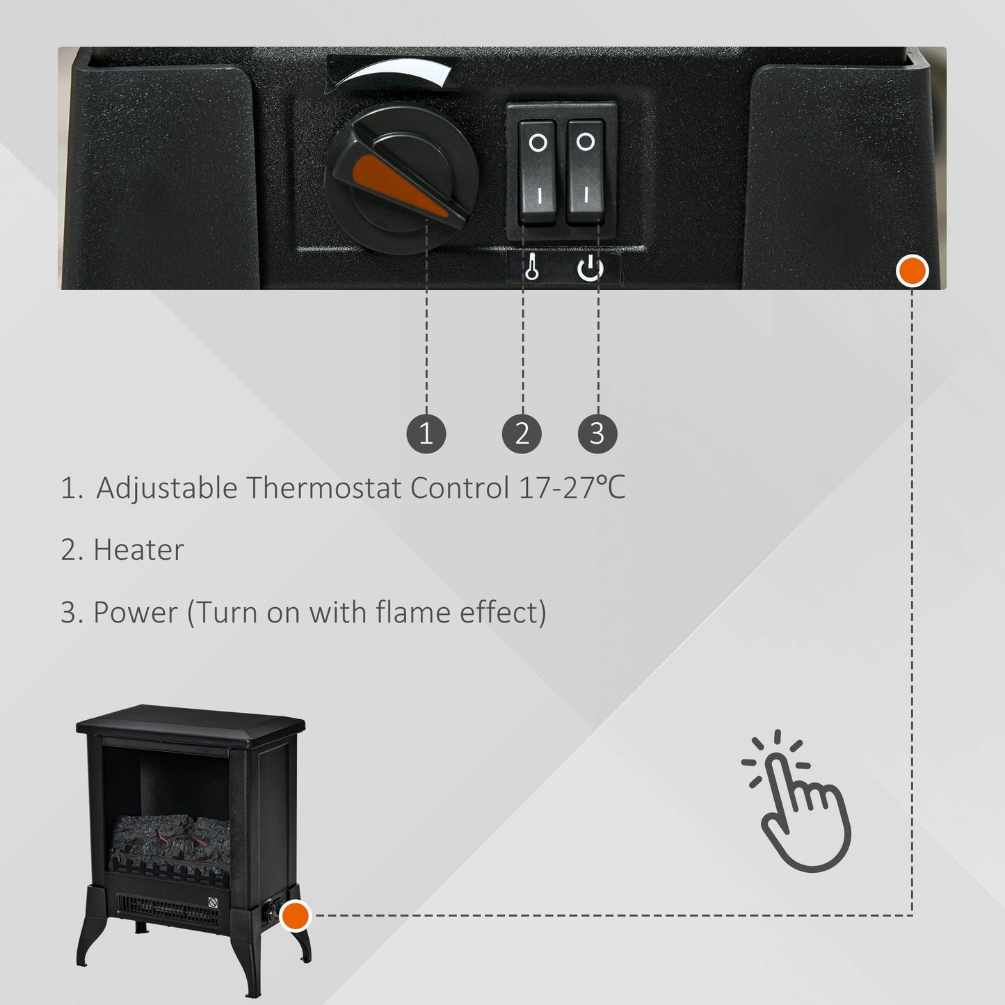 HOMCOM Electric Fireplace Stove, Free Standing Fireplace Heater with Realistic Flame Effect, Dual Power Settings (1800-2000W), Adjustable Temperature and Overheat Protection, Black