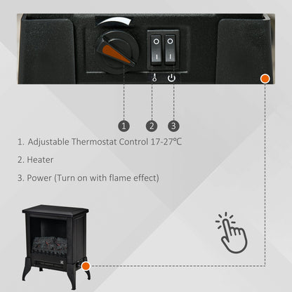 HOMCOM Electric Fireplace Stove, Free Standing Fireplace Heater with Realistic Flame Effect, Dual Power Settings (1800-2000W), Adjustable Temperature and Overheat Protection, Black
