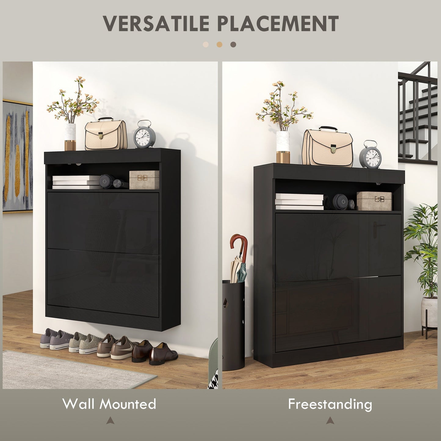 خزانة أحذية تتسع لـ 16 زوجًا من هومكوم، بأبواب قلابة - أسود لامع