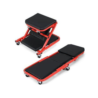 2-in-1 Rolling Creeper Seat Folding Creeper with 6 Universal Wheels-Red