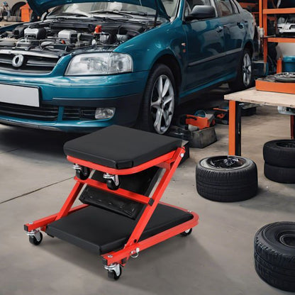 2-in-1 Rolling Creeper Seat Folding Creeper with 6 Universal Wheels-Red