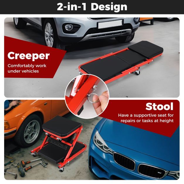 2-in-1 Rolling Creeper Seat Folding Creeper with 6 Universal Wheels-Red