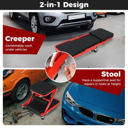 2-in-1 Rolling Creeper Seat Folding Creeper with 6 Universal Wheels-Red