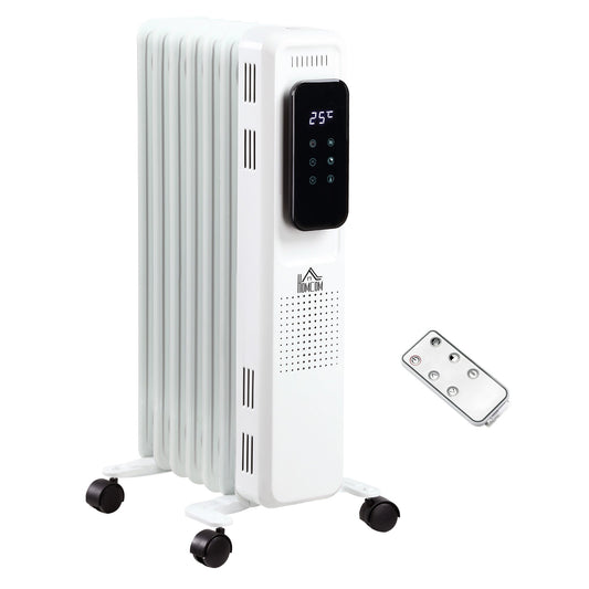 رادياتير زيت HOMCOM بقدرة 1500 واط، سخان كهربائي محمول بـ 7 زعانف مع شاشة LED، مؤقت 24 ساعة، 3 إعدادات للحرارة، ترموستات قابل للتعديل، فصل أمان، تحكم عن بعد، أبيض