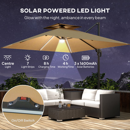 Outsunny 2.5m Cantilever Parasol with Solar Powered LED Lights in Khaki