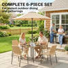 Outsunny 4 Seater Rattan Dining Set with Parasol, 6 Piece Garden Table and Stackable Chairs with Tempered Glass Tabletop