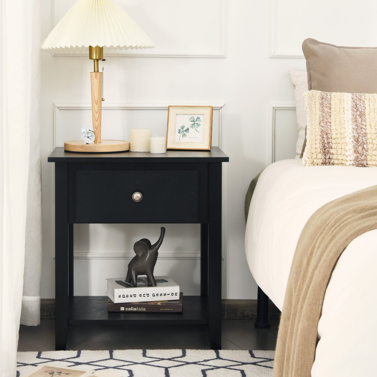 Accent Table Narrow Side End Table with 1 Drawer and Open Storage Shelf-Black