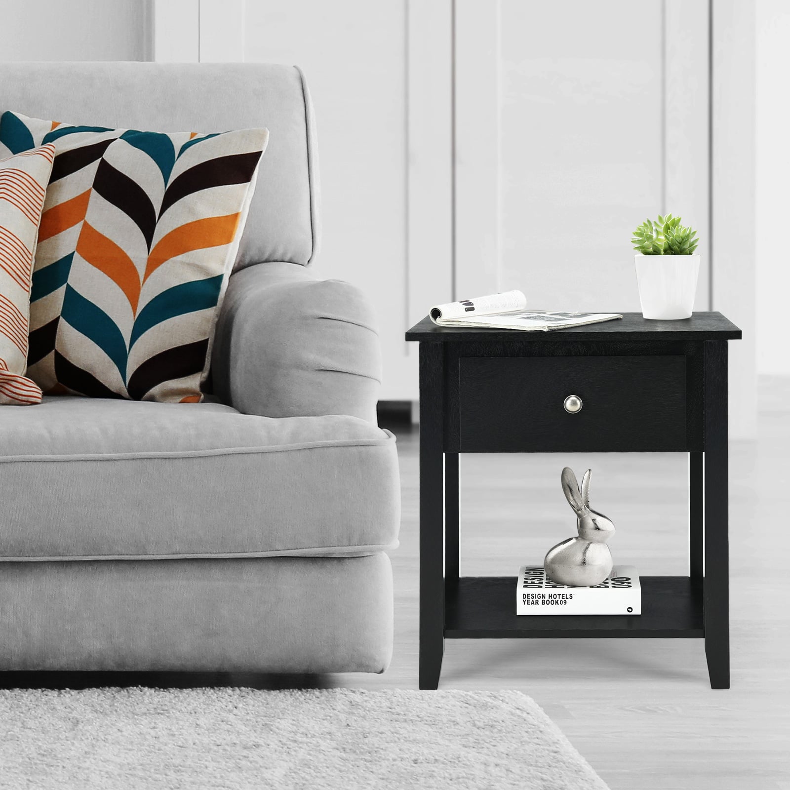 Accent Table Narrow Side End Table with 1 Drawer and Open Storage Shelf-Black