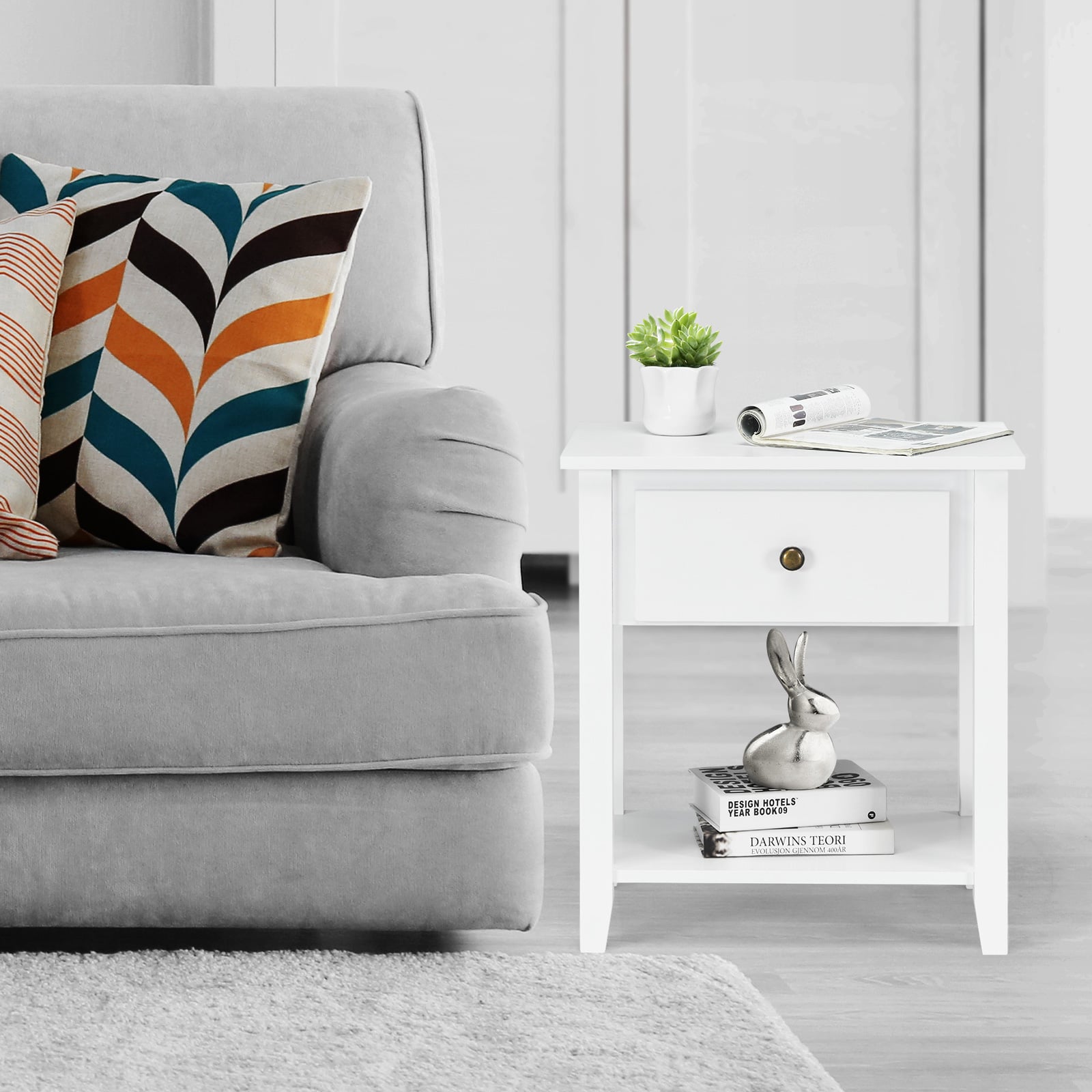 Accent Table Narrow Side End Table with 1 Drawer and Open Storage Shelf-White