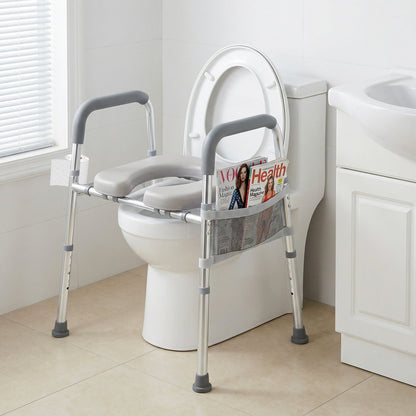 Adjustable Height and Width Raised Toilet Seat for Seniors with Padded Arms and Storage Bag-Silver