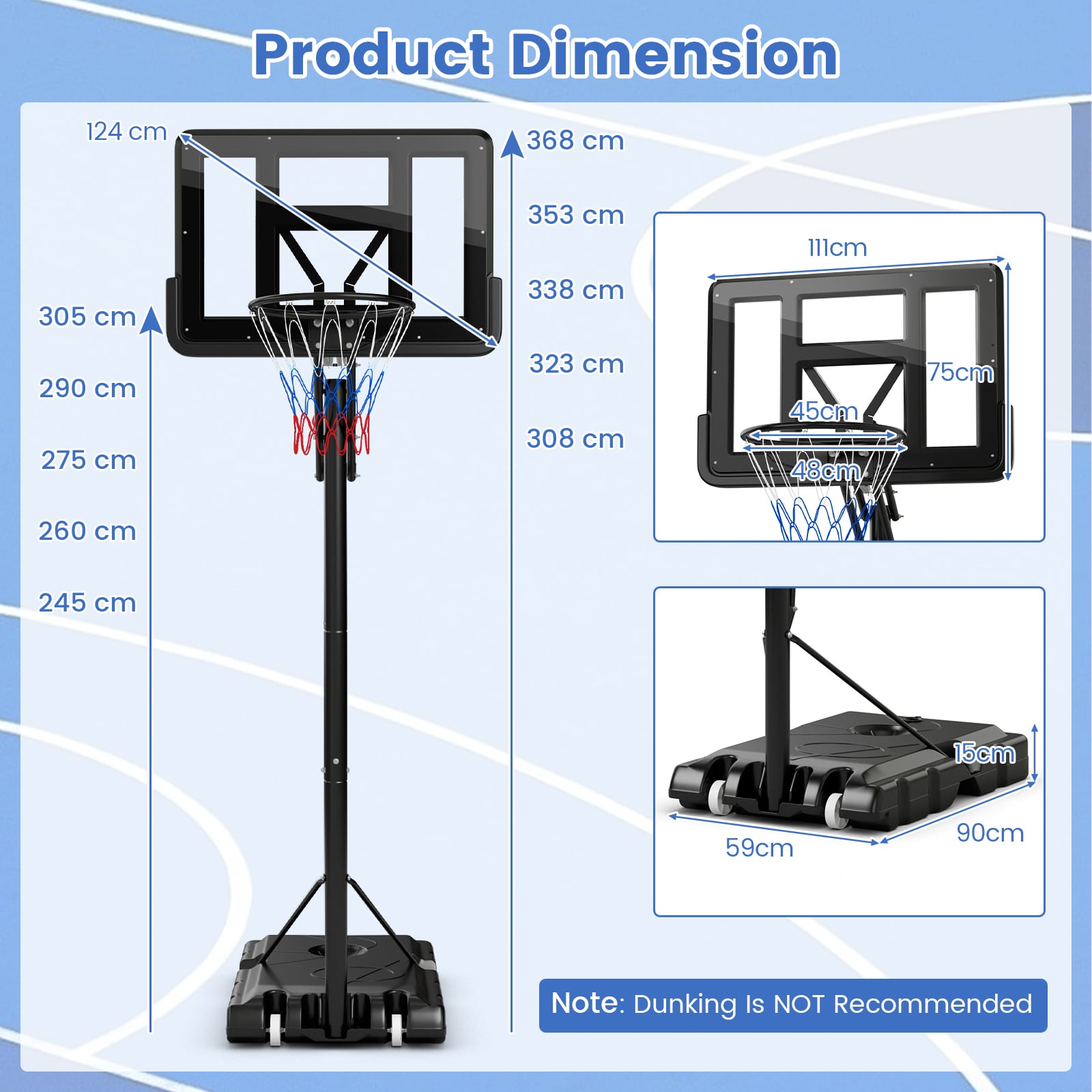 2.45-3.05M Portable Basketball Hoop Stand Adjustable for Adults and Teenagers