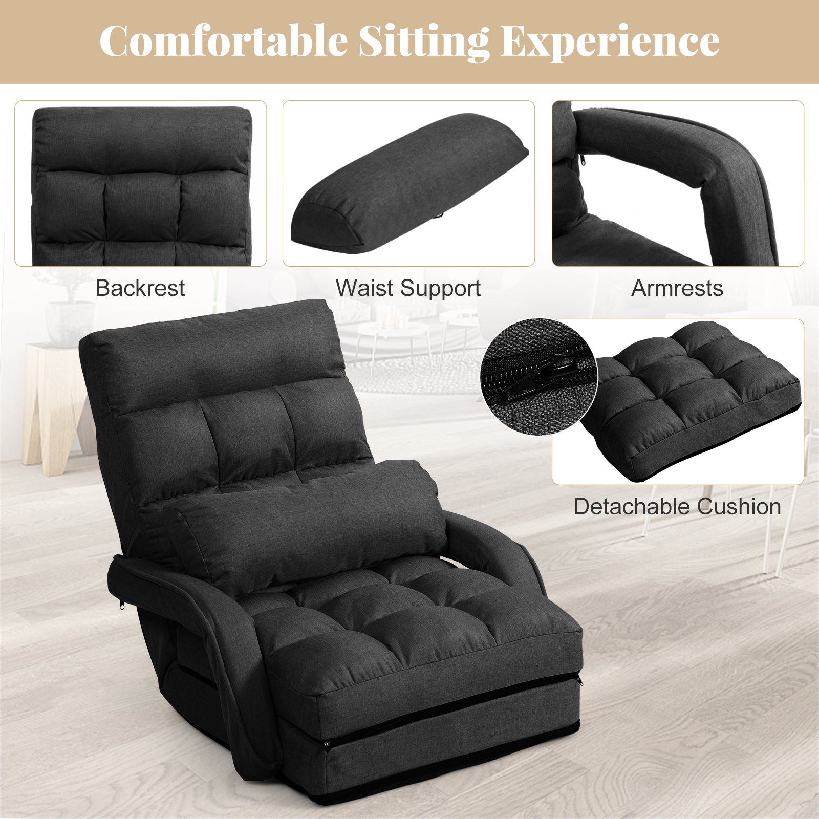 Adjustable Folding Floor Lazy Chair with Pillow-Dark Grey