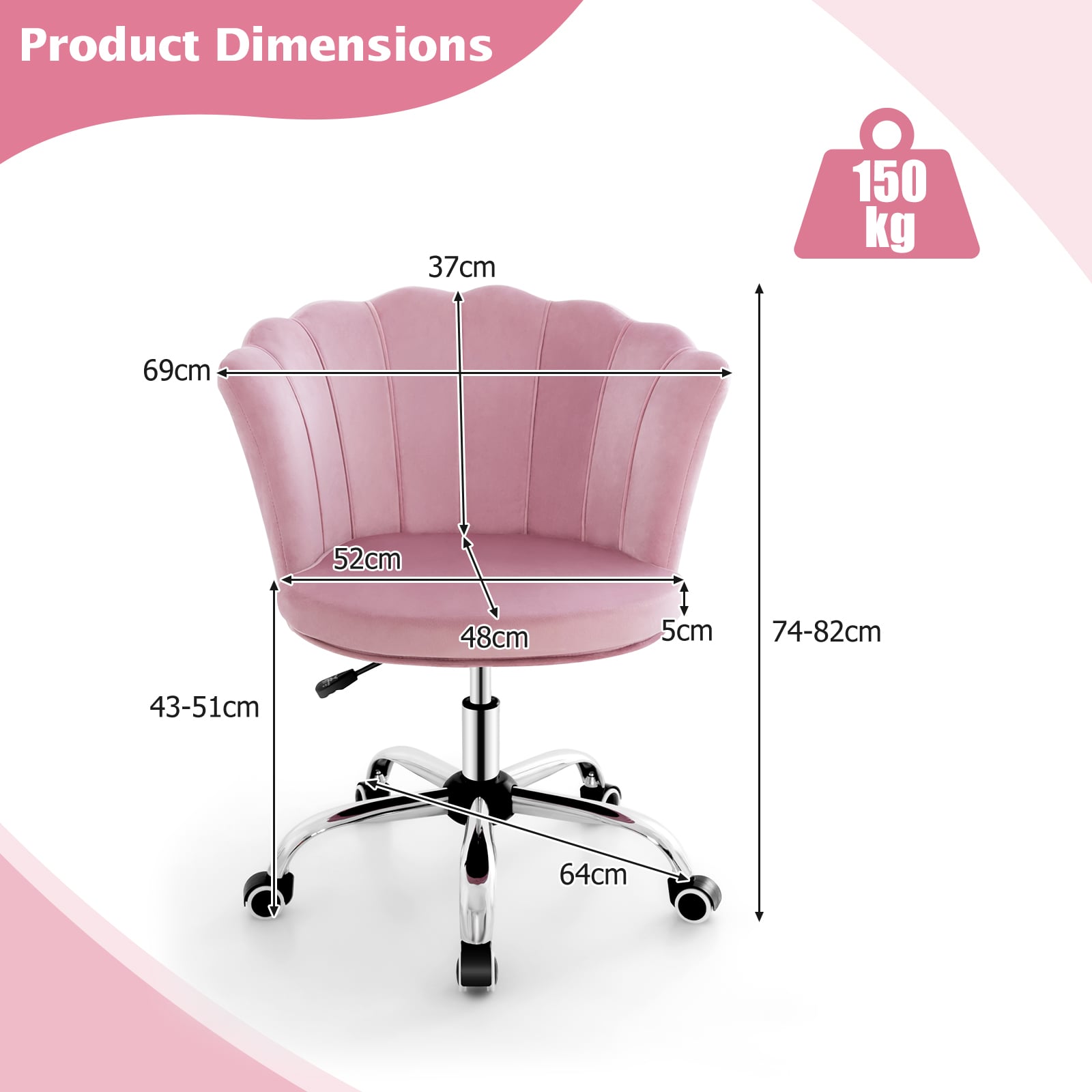 Adjustable Velvet Office Chair with Handle and Universal Wheels-Pink