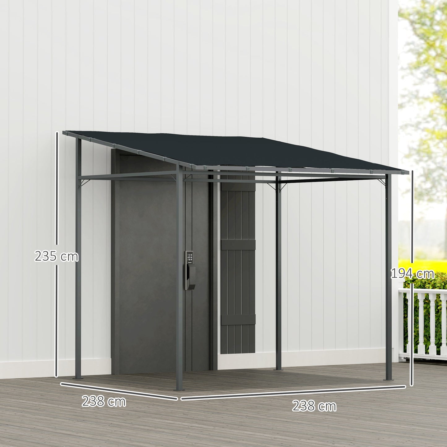 مظلة حائط Outsunny 2.4 × 2.4 متر مع قماش مطلي بمادة PA وإطار معدني، بعامل حماية من الأشعة فوق البنفسجية UPF30+، مظلة حديقة متكئة، مظلة شمسية خارجية مقاومة للرياح للحديقة، الشرفة، رمادي داكن