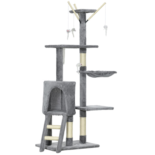 PawHut Cat Scratching Post Cat Tree for Indoor Cats Climbing Tower Scratcher w/ Ladder Kitty Activity Centre 135cm Grey
