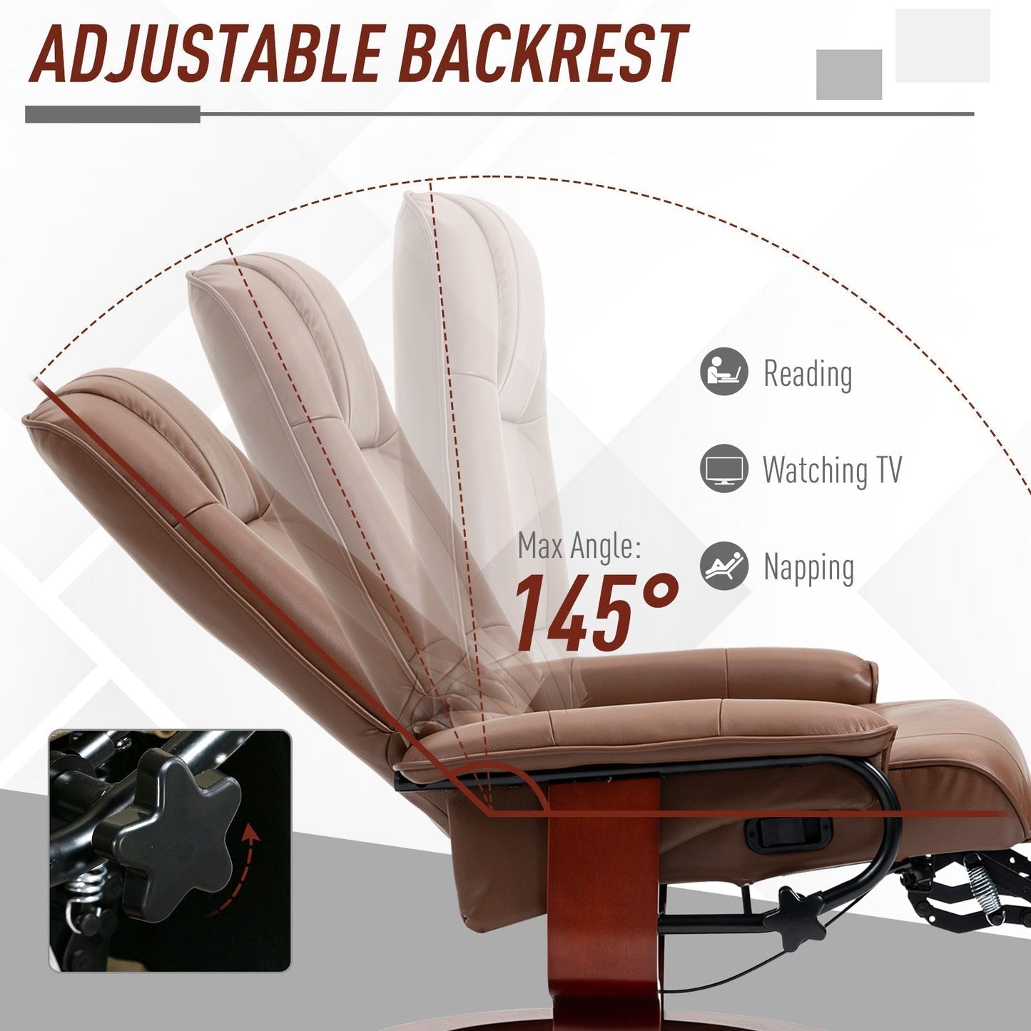 HOMCOM Faux Leather Armchair, with 145 degrees Reclining Back and Footrest - Brown