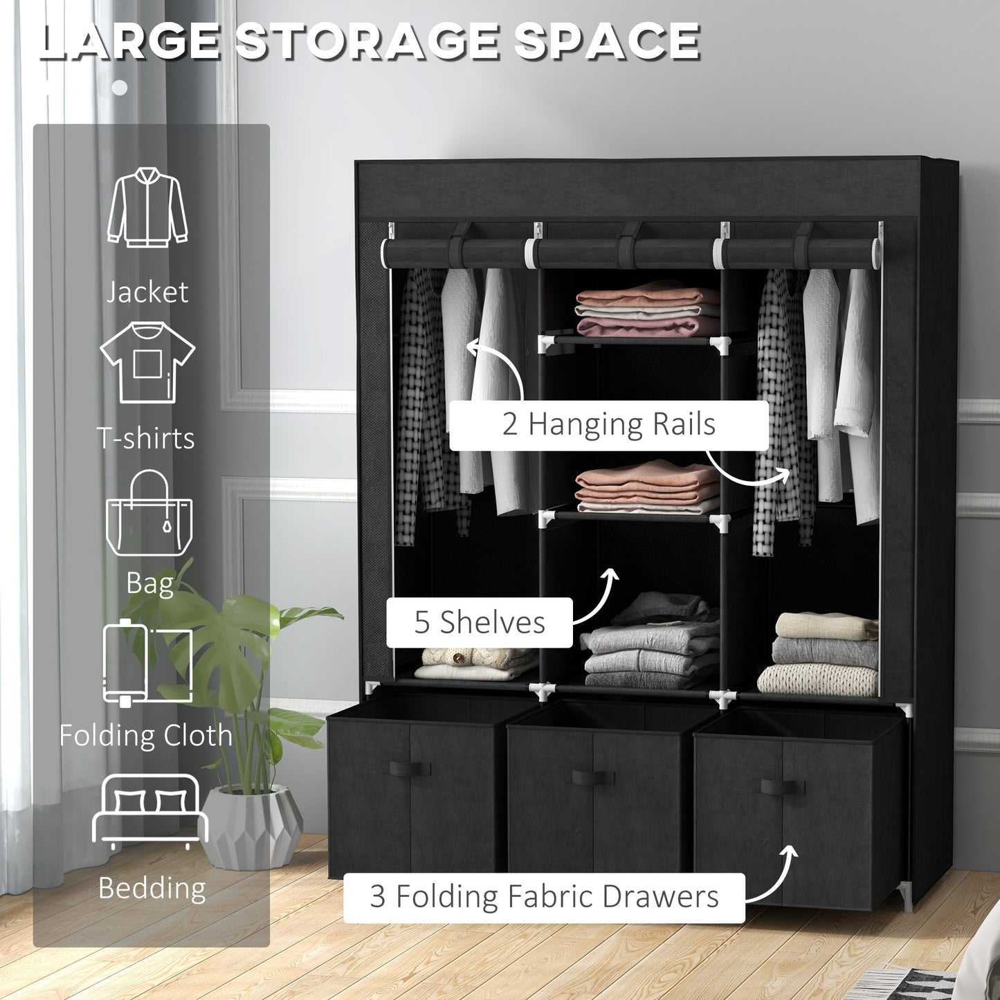 HOMCOM Foldable Fabric Wardrobe for Bedroom, Portable Wardrobe with 5 Shelves, 2 Hanging Rails and 3 Fabric Drawers, Black
