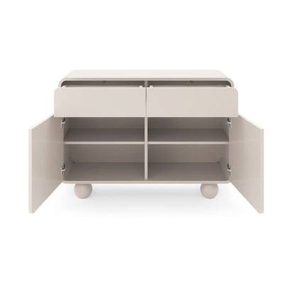 Beige sideboard with open doors on a white background