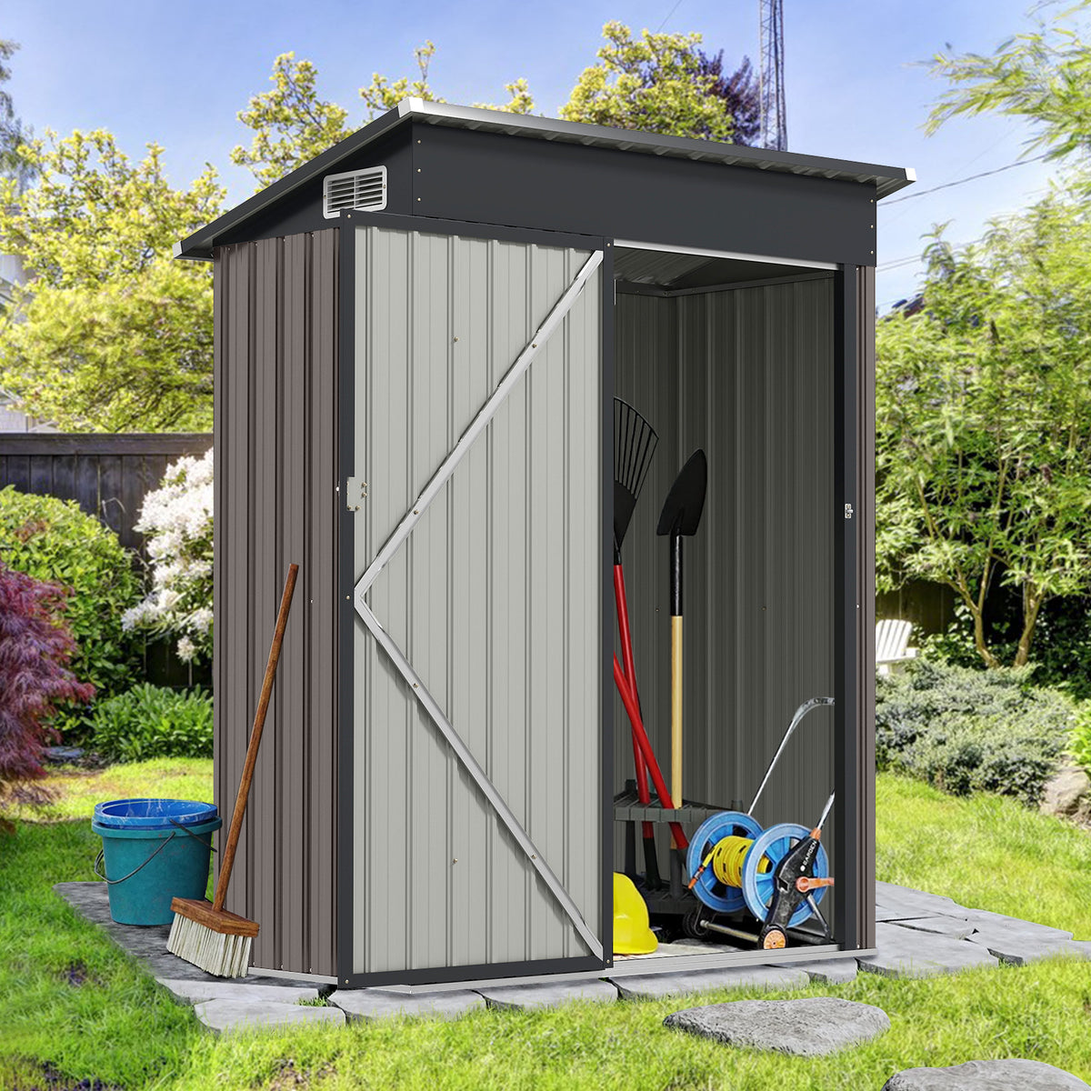 All-Weather Storage Shed with Top Sloping Design-Grey