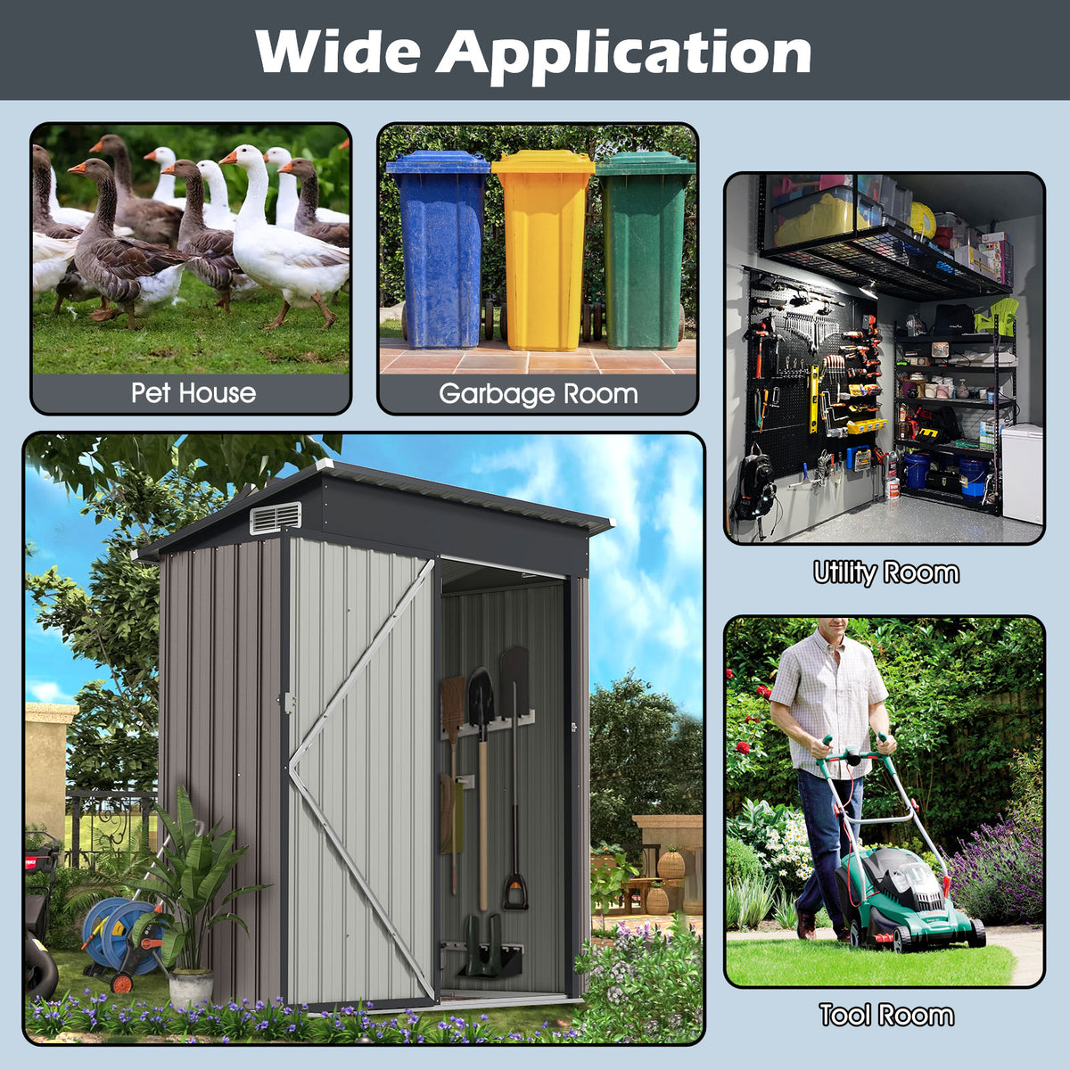 All-Weather Storage Shed with Top Sloping Design-Grey