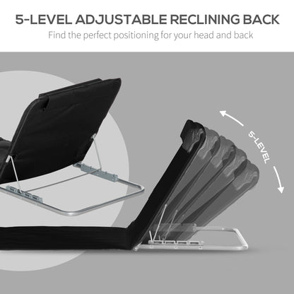Outsunny Set of 2 Foldable Garden Beach Chair Mat Lightweight Outdoor Sun Lounger Seats Adjustable Back Metal Frame PE Fabric Head Pillow w/ Carry Bag, Black