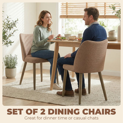 HOMCOM Dining Chairs Set of 2, Linen Upholstered Kitchen Chairs with Padded Seat, Curved Backrest, Rubberwood Legs, Brown