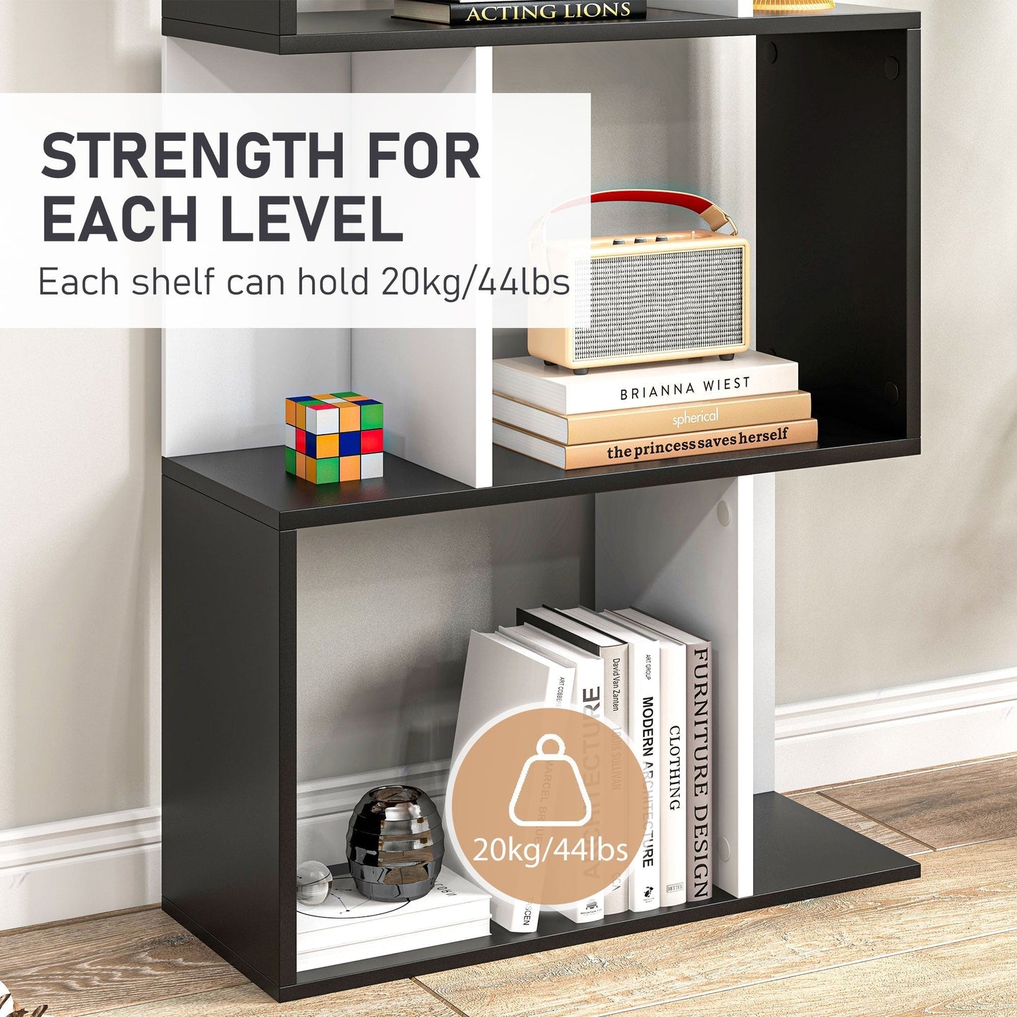 HOMCOM Bookcase, S-Shaped Wooden Bookshelf, 5/6 Tiers Freestanding Storage Shelf, Home Office Decorative Display Stand Rack, Black and White, 24D x 60W x 184.5H