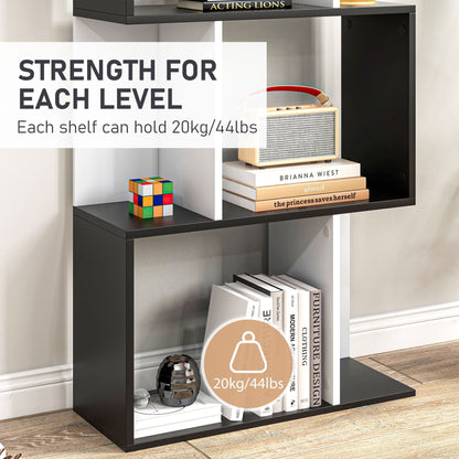 HOMCOM Bookcase, S-Shaped Wooden Bookshelf, 5/6 Tiers Freestanding Storage Shelf, Home Office Decorative Display Stand Rack, Black and White, 24D x 60W x 184.5H