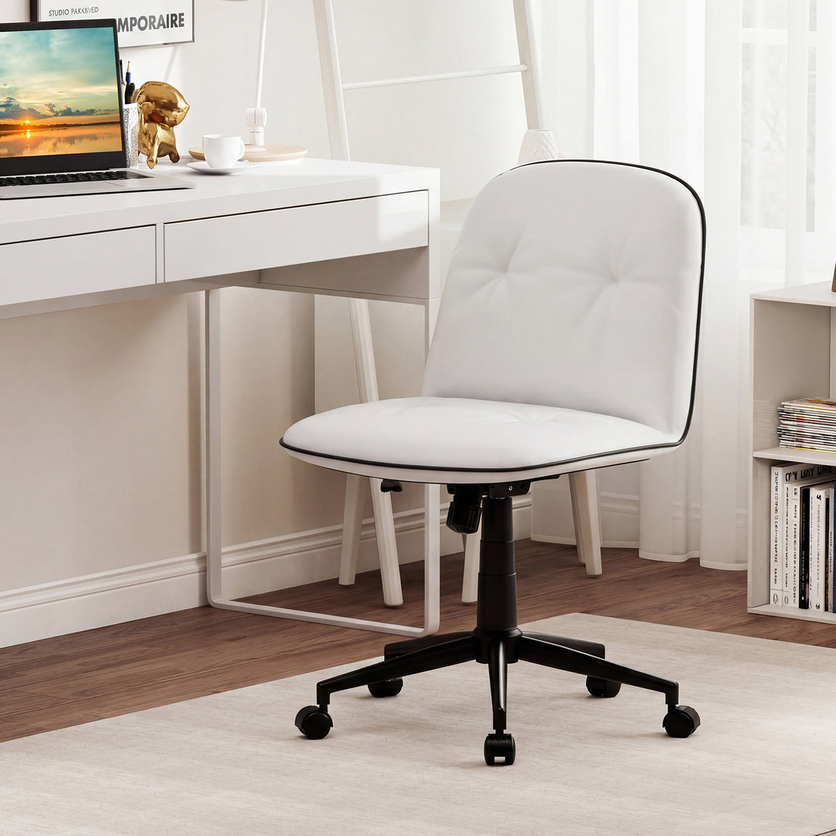Armless Home Office Desk Chair with Adjustable Height and Smooth Rolling Wheels-White