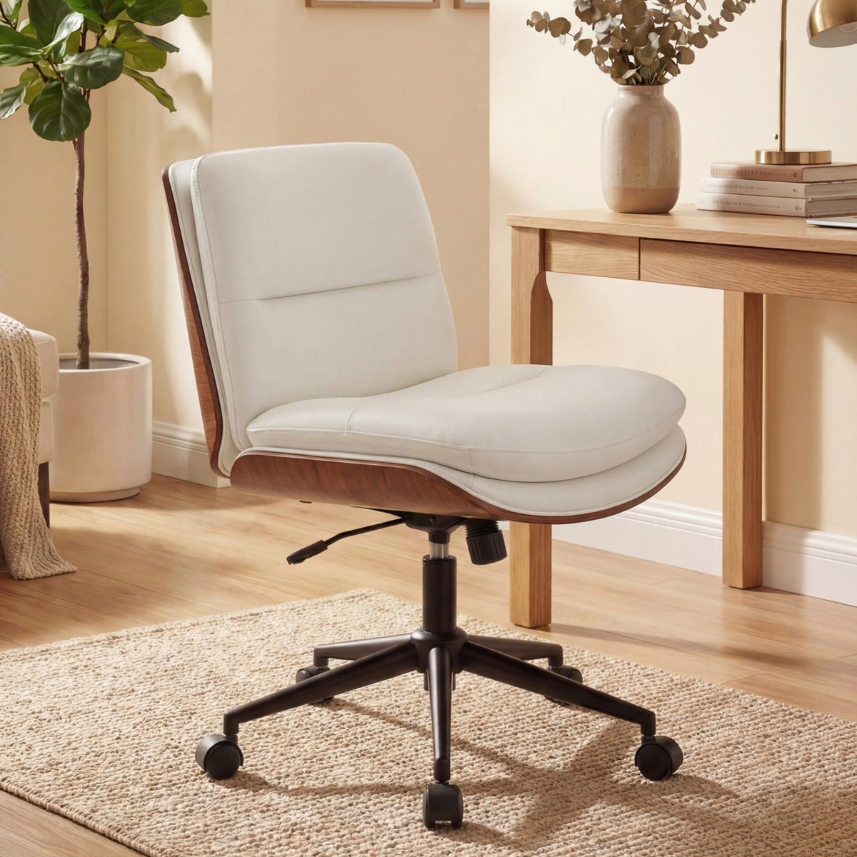 Armless Office Chair with Swivel Wheels & Curved Backrest for Home Office-White