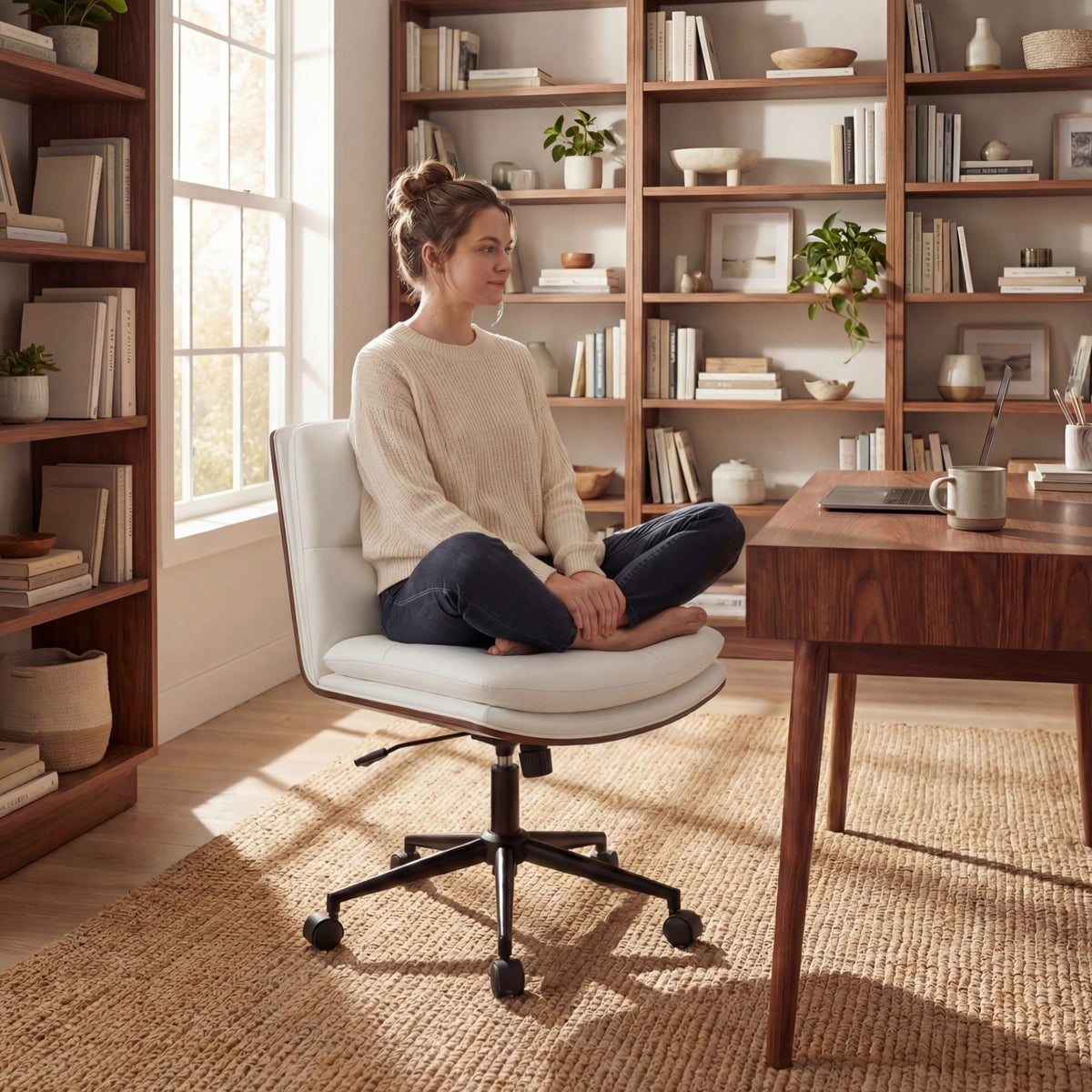 Armless Office Chair with Swivel Wheels & Curved Backrest for Home Office-White
