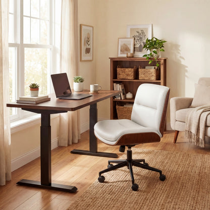 Armless Office Chair with Swivel Wheels & Curved Backrest for Home Office-White