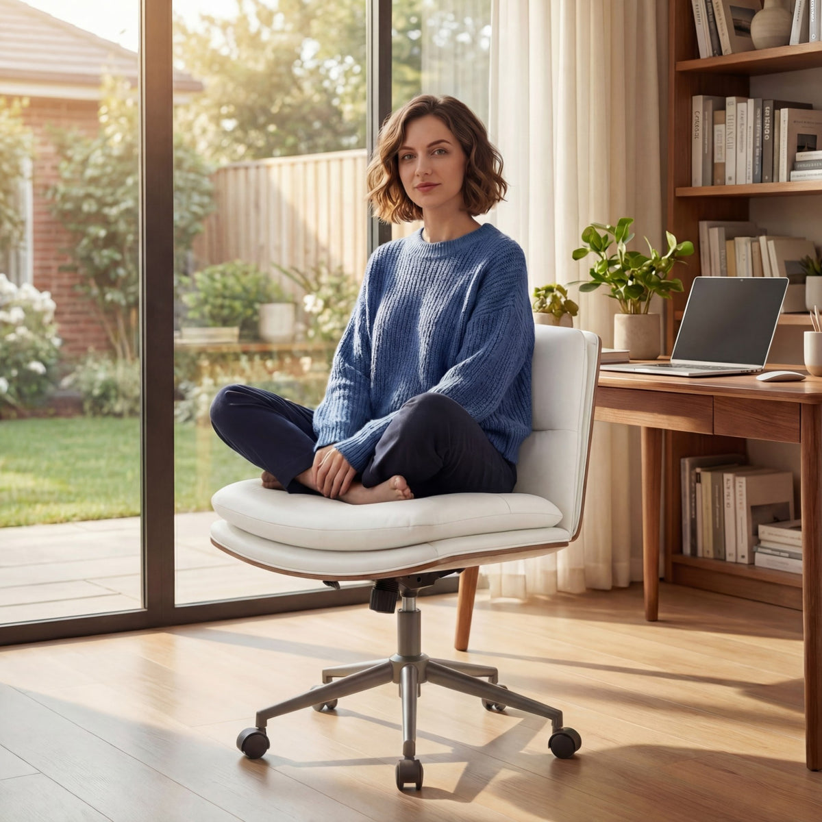 Armless Office Chair with Swivel Wheels & Curved Backrest for Home Office-White