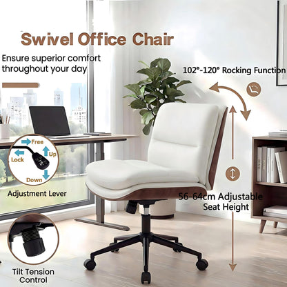 Armless Office Chair with Swivel Wheels & Curved Backrest for Home Office-White