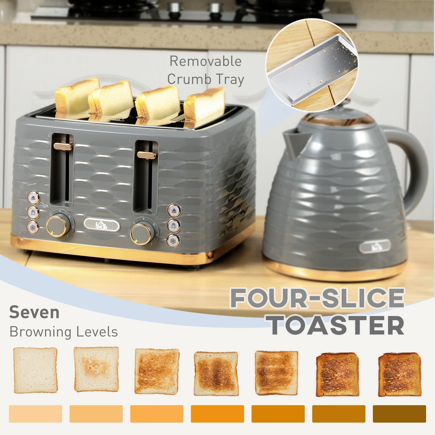 HOMCOM Kettle and Toaster Sets, 3000W 1.7L Rapid Boil Kettle & 4 Slice Toaster with 7 Browning Controls, Defrost, Reheat and Crumb Tray, UK Otter thermostat, Grey