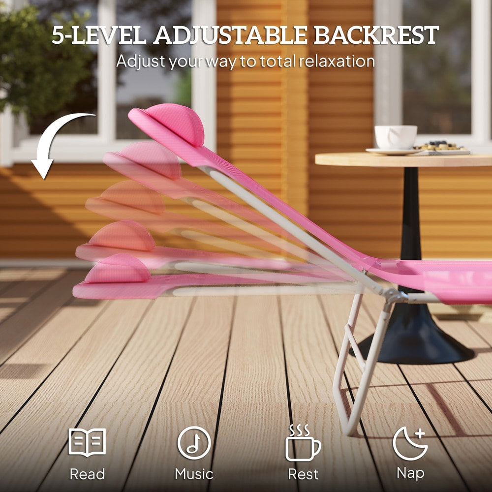 Outsunny Folding Sun Lounger with Head Pillow in Pink