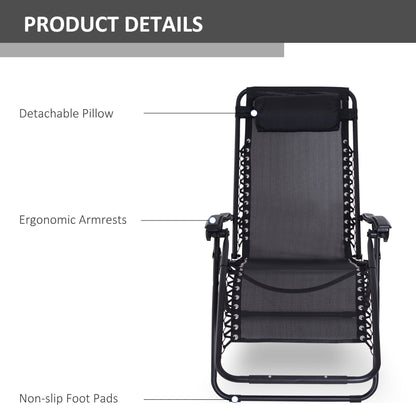Outsunny Zero Gravity Chair Set of 2, Metal Frame Texteline Armchair Outdoor Folding and Reclining Sun Lounger with Head Pillow for Patio Decking Gardens Camping, Black