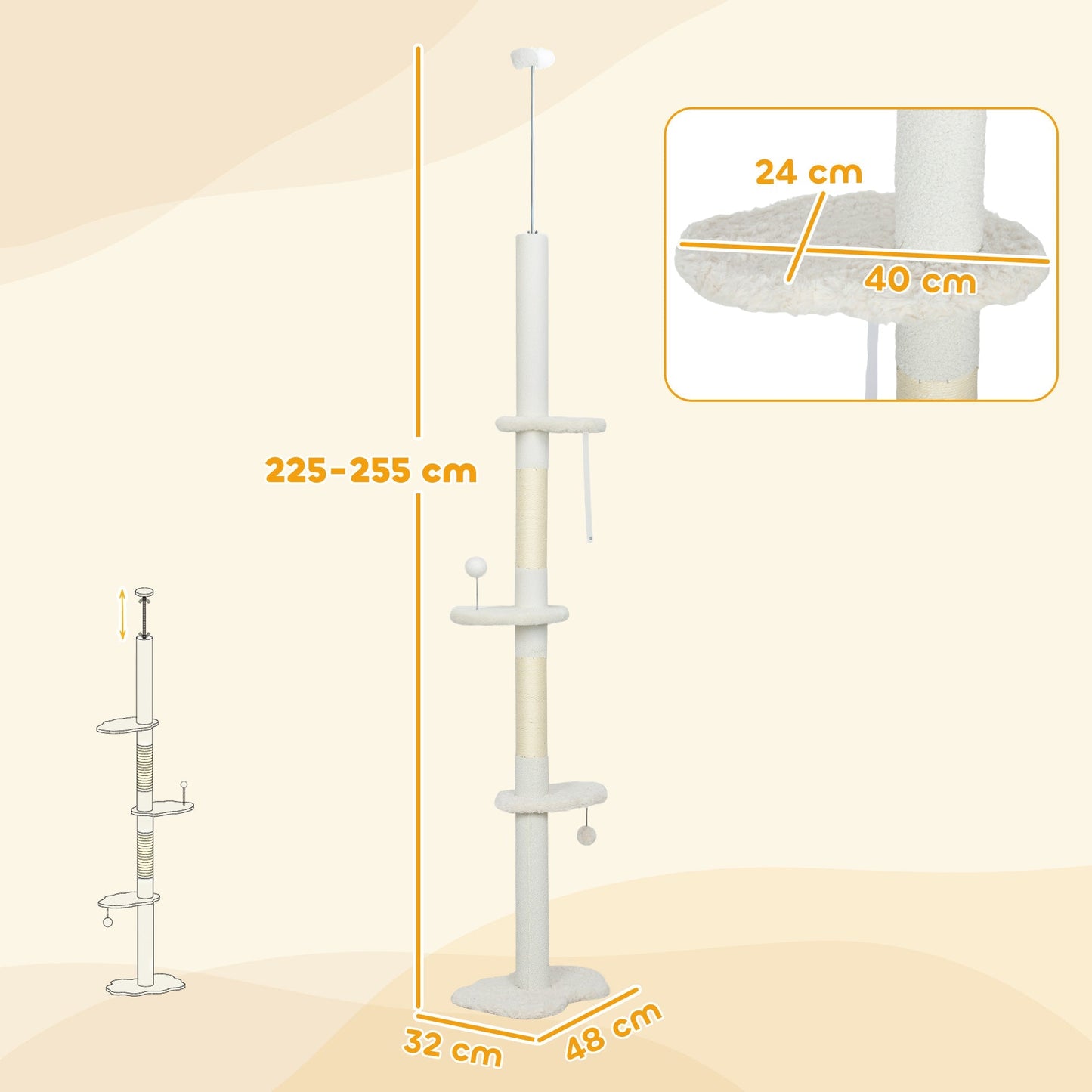 PawHut 225-255 cm Adjustable Cat Climbing Tower with Sisal Scratching Posts, 2 Hanging Play Balls and Anti-Tip Strap, Beige