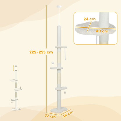 PawHut 225-255 cm Adjustable Cat Climbing Tower with Sisal Scratching Posts, 2 Hanging Play Balls and Anti-Tip Strap, Beige