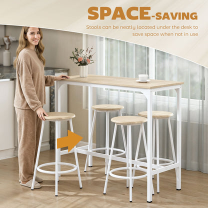 HOMCOM 5 Piece Bar Table Set for 4 with Stools, Metal Frame, Footrest for Kitchen Natural Wood