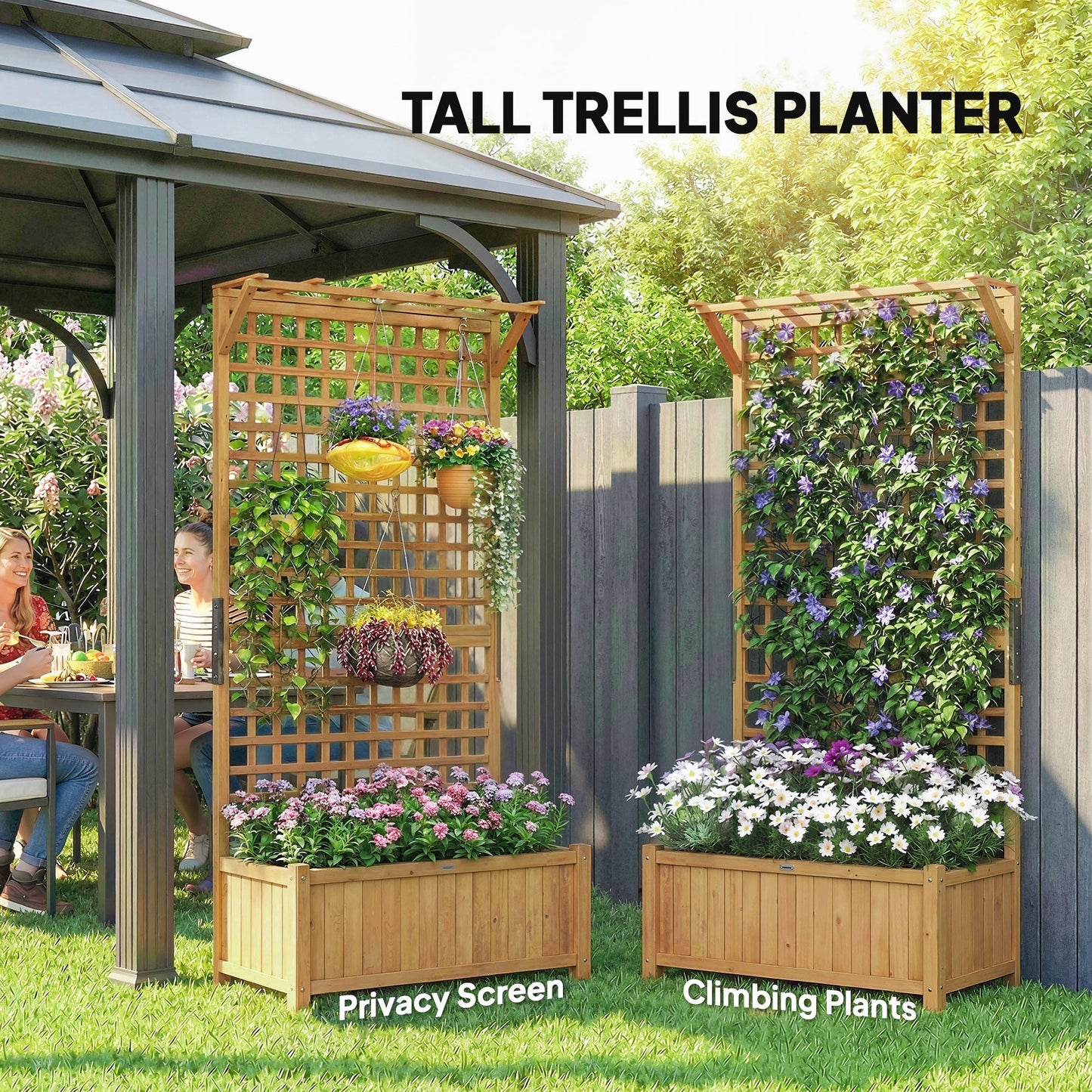 Outsunny Raised Bed with Drainage Holes, Wood Planter with Trellis for Climbing Plants to Grow Vegetables, Flowers, Yellow